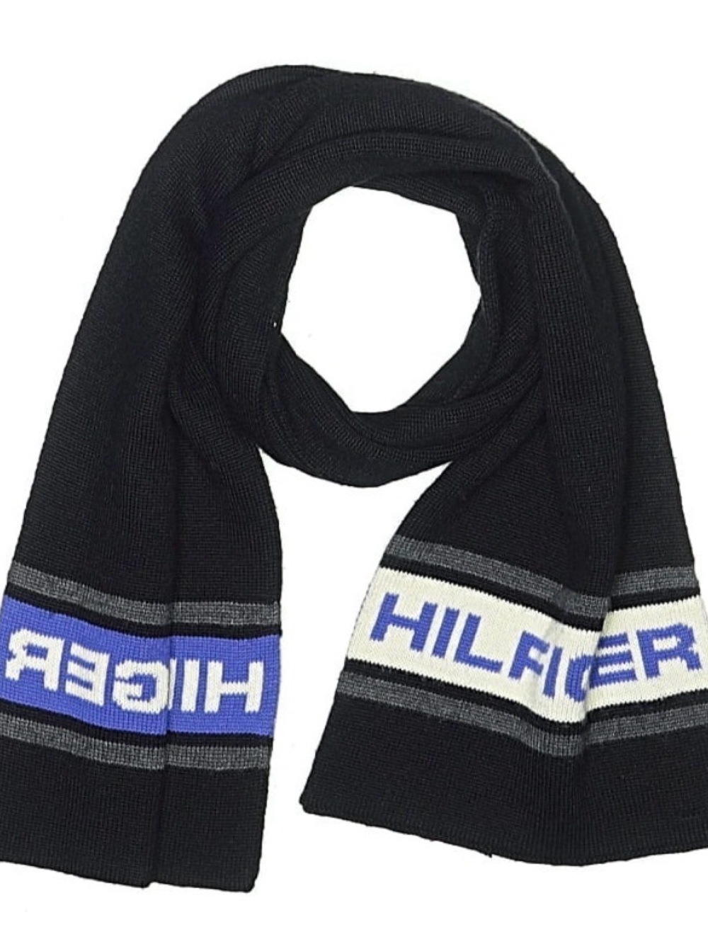 Tommy Hilfiger Black Scarf with Blue and White Logo Stripe